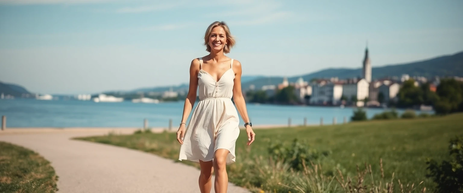 Frau mit schönen Beinen am Zürichsee nach Besenreiser-Behandlung