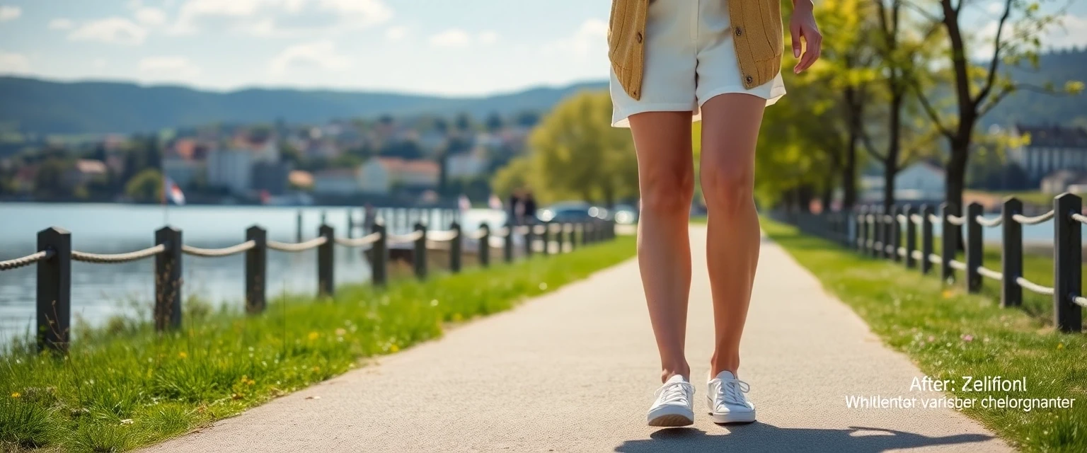 Glückliche Frau mit gesunden Beinen nach Krampfadernbehandlung in Küsnacht