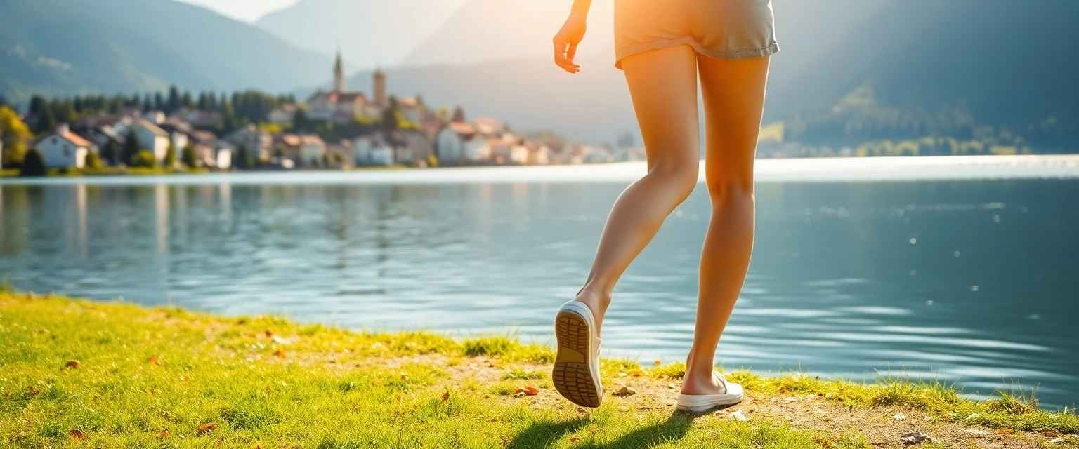 Glückliche Person mit gesunden Beinen vor der Kulisse von Lachen am Zürichsee