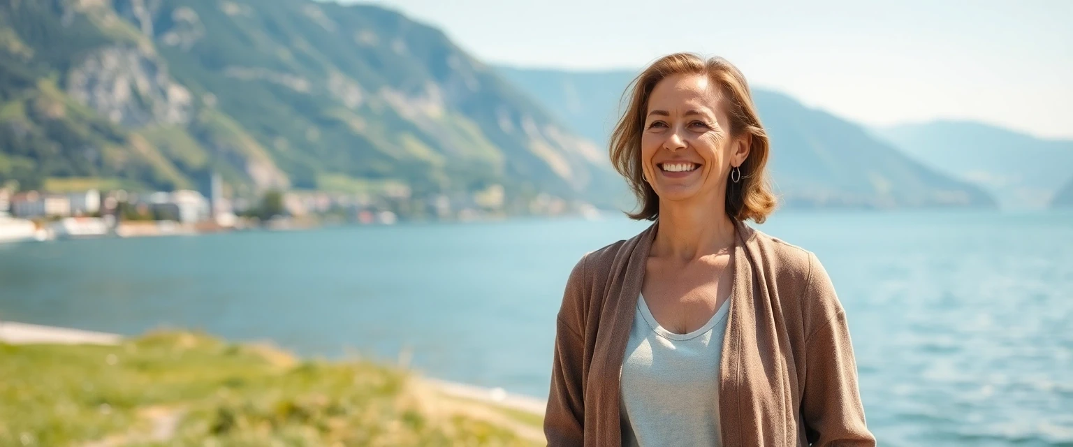 Glückliche Frau mit gesunden Beinen am Zürichsee nach Krampfadernbehandlung in Uznach