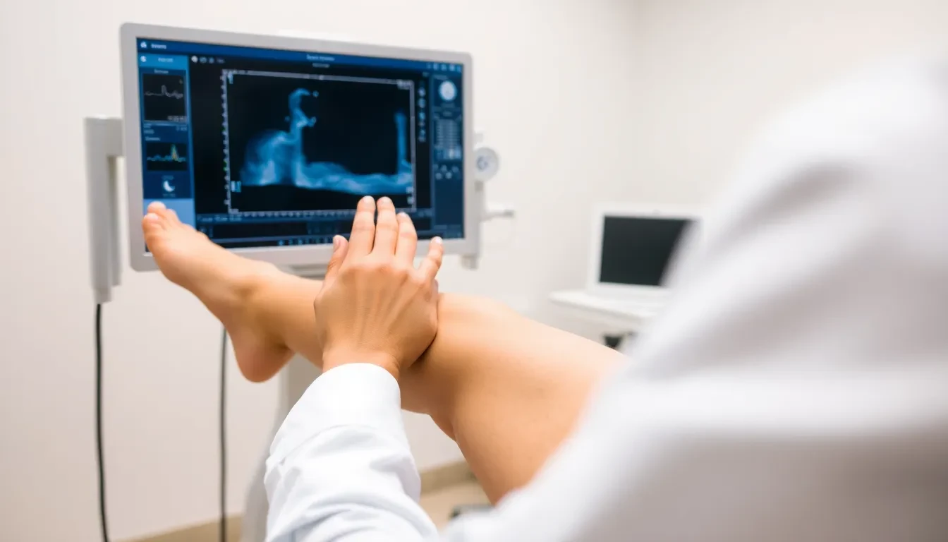 Arzt führt Ultraschalldiagnostik an Bein durch