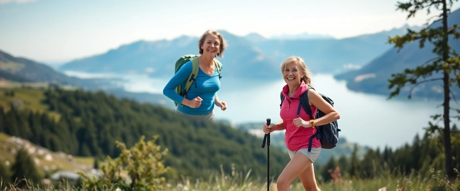 Glückliche Frau mit gesunden Beinen beim Wandern in den Zürcher Alpen