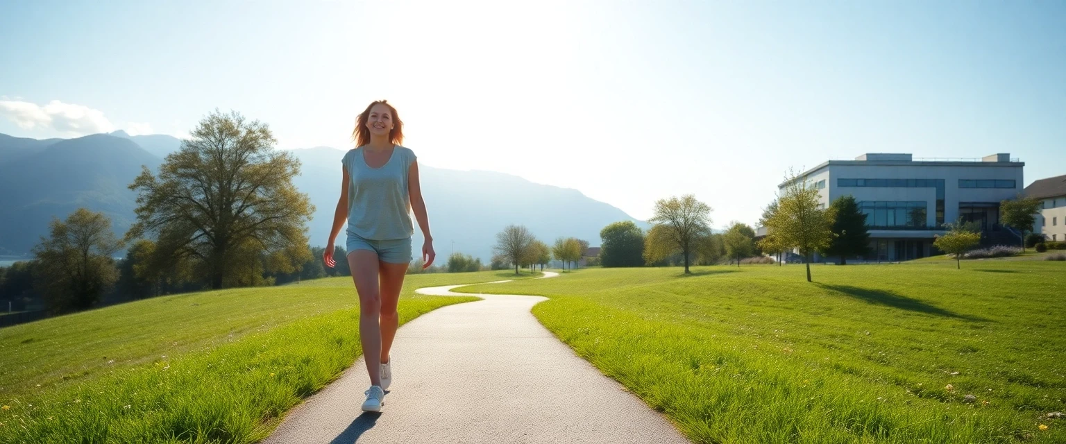 Frau mit gesunden Beinen, die durch eine sonnige Schweizer Landschaft geht
