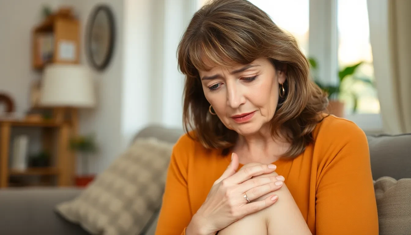 Frau mit sichtbaren Krampfadern, die ihre Beine berührt und besorgt schaut