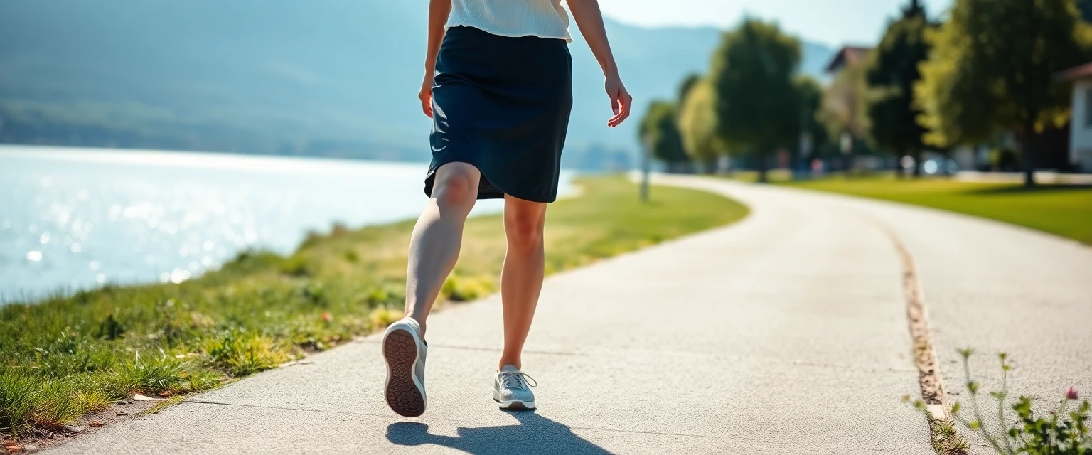 Glückliche Frau mit gesunden Beinen am Zürichsee bei Kilchberg
