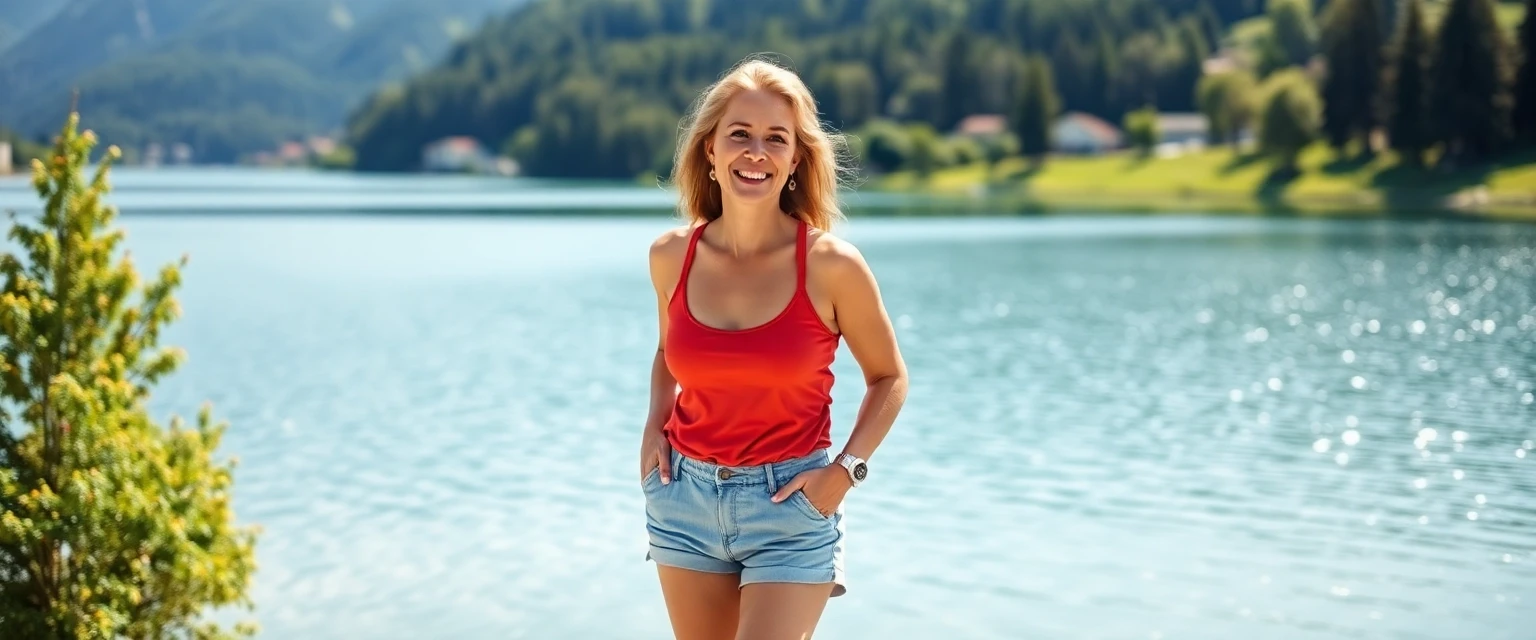 Glückliche Frau mit gesunden Beinen nach Krampfaderentfernung in Lachen