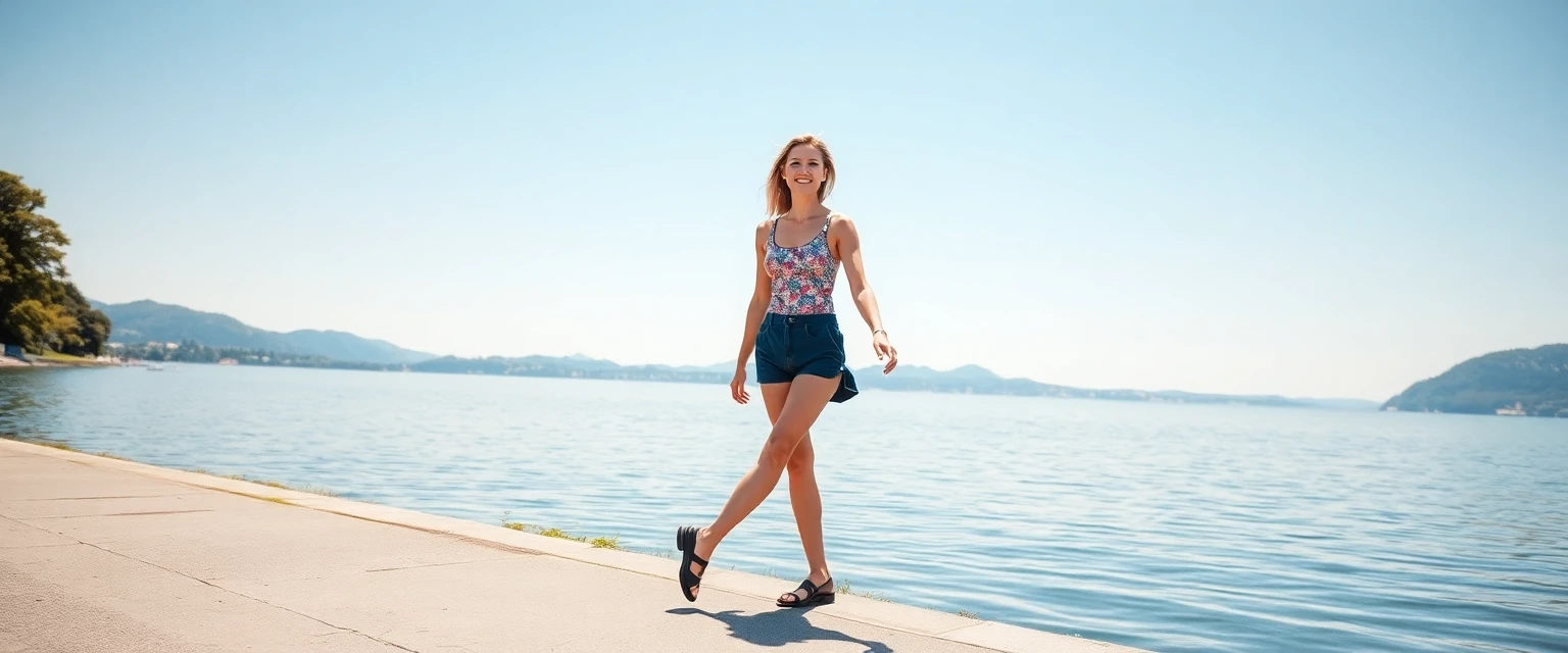 Glückliche Frau mit leichten Beinen am Zürichsee in Oberrieden