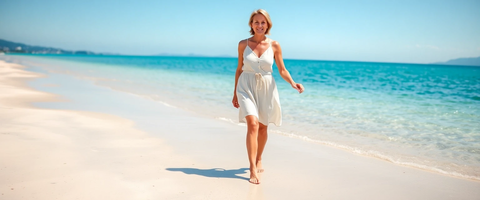 Frau mit schönen, gesunden Beinen am Schweizer Seeufer nach Krampfadernentfernung