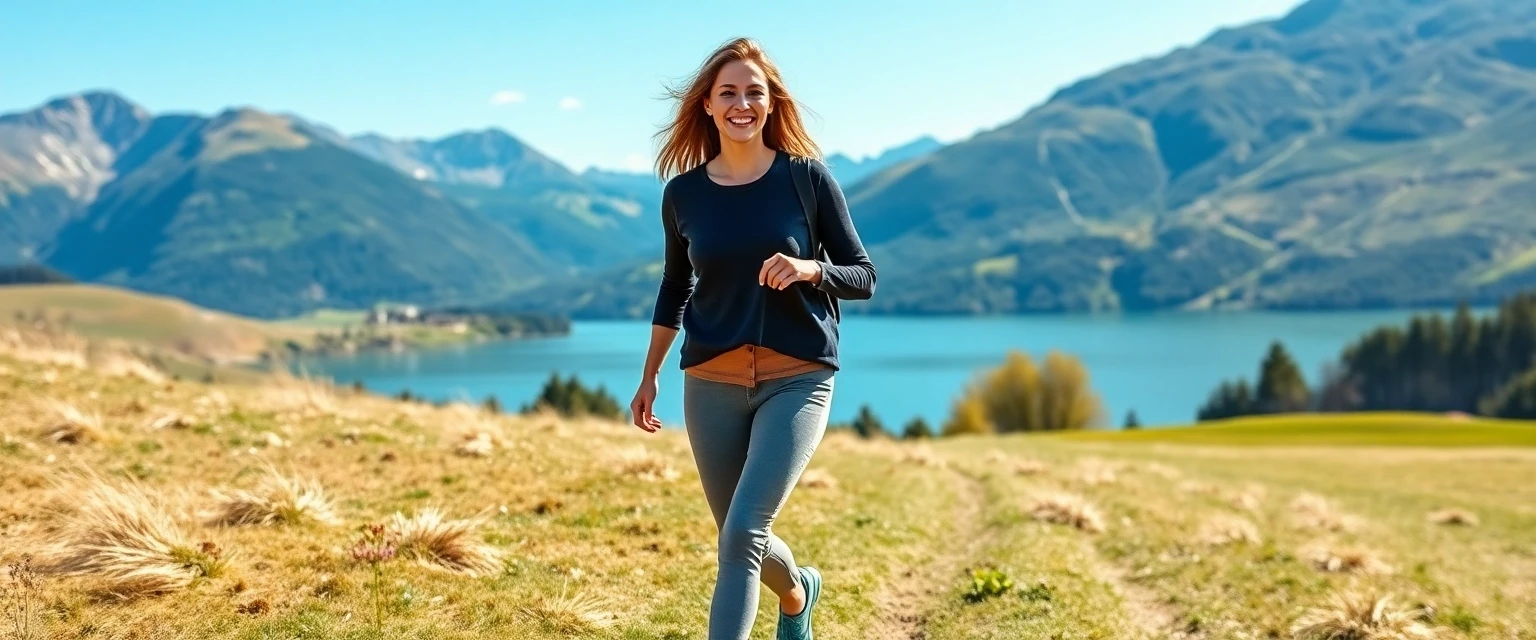 Glückliche Frau mit gesunden Beinen in der Landschaft von Uznach