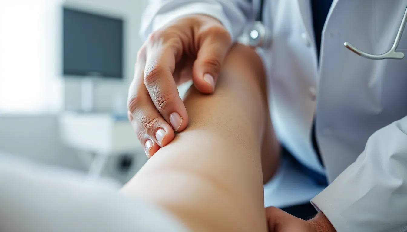 Arzt untersucht Bein einer Patientin für Krampfadernbehandlung