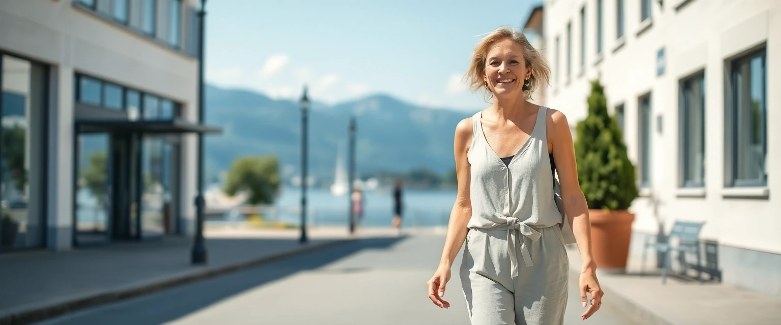 Glückliche Frau mit leichten Beinen in Zug nach Krampfadern-Behandlung