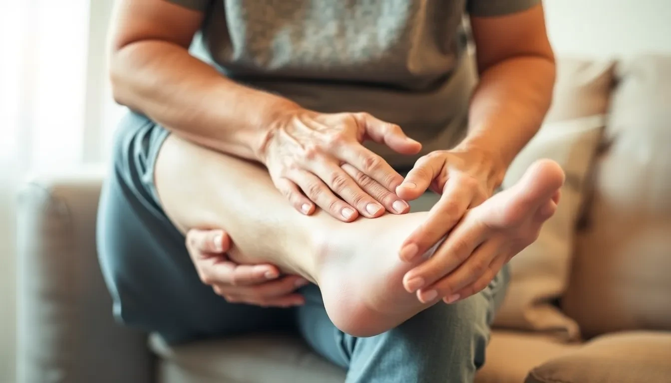 Person massiert schmerzendes, geschwollenes Bein mit Krampfadern