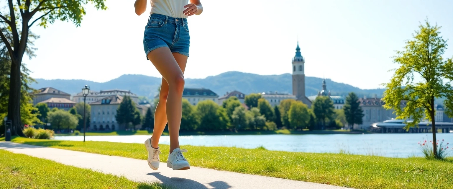 Frau mit gesunden Beinen spaziert selbstbewusst in Zürich