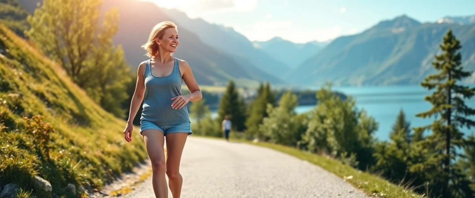 Glückliche Frau mit gesunden Beinen in Schweizer Landschaft