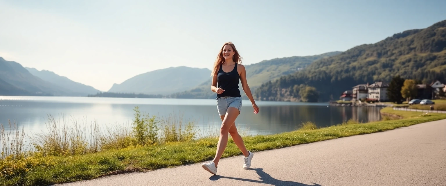Glückliche Frau mit gesunden Beinen am Zugersee in Baar