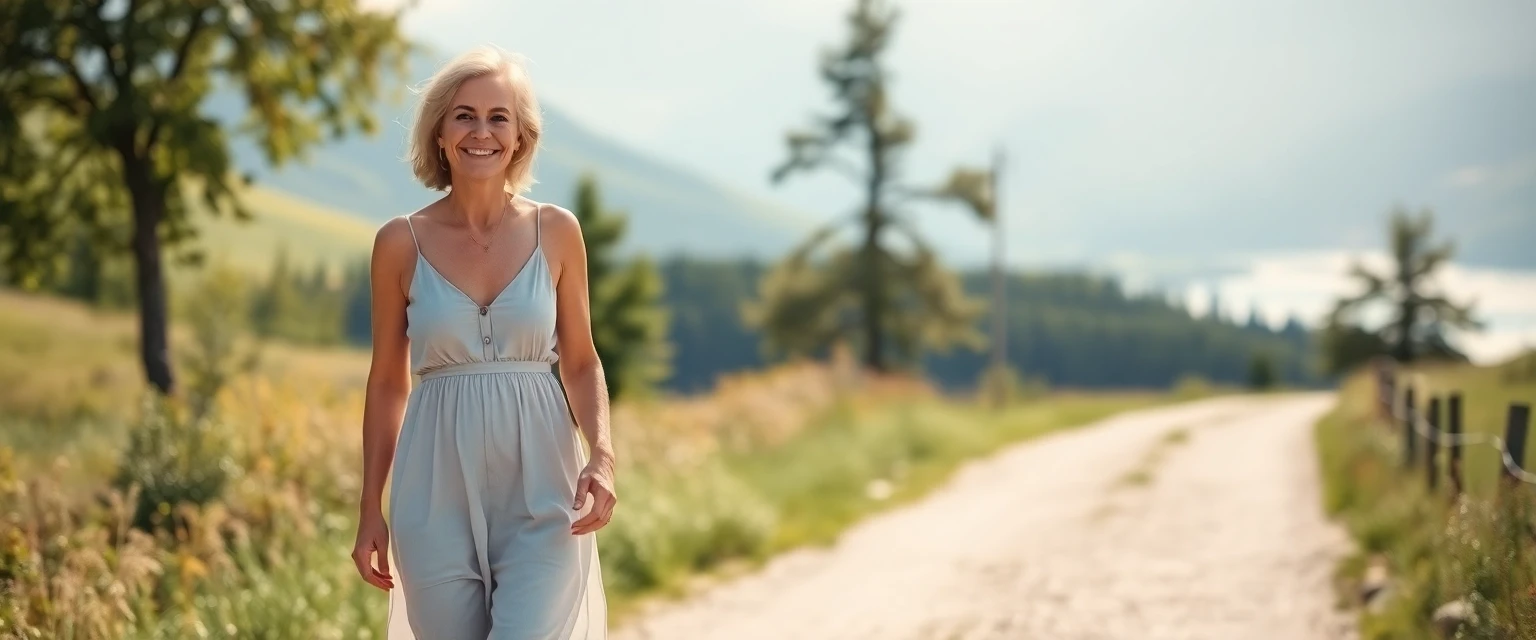 Glückliche Frau mit gesunden Beinen in der Schweizer Landschaft bei Einsiedeln nach Krampfaderbehandlung