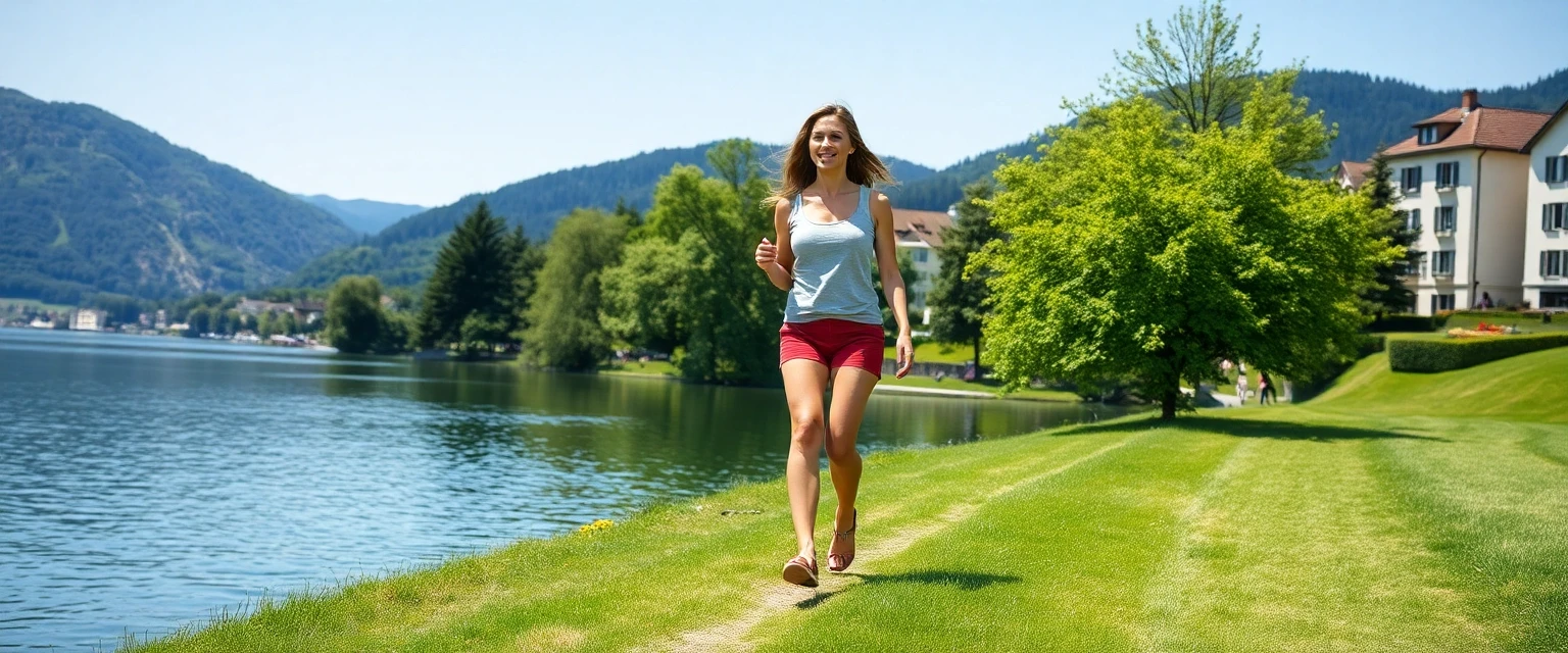 Glückliche Frau mit gesunden Beinen am Zürichsee, Freienbach im Hintergrund