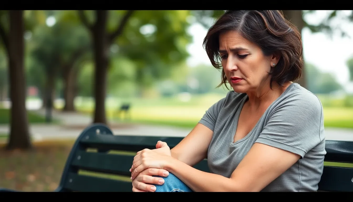 Frustrierte Frau mit schmerzenden Krampfadern am Bein in einem Park