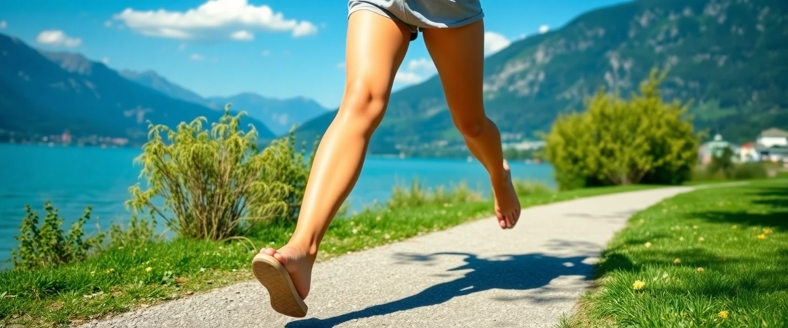 Frau mit schönen, gesunden Beinen nach Krampfadernbehandlung in einer Schweizer Landschaft