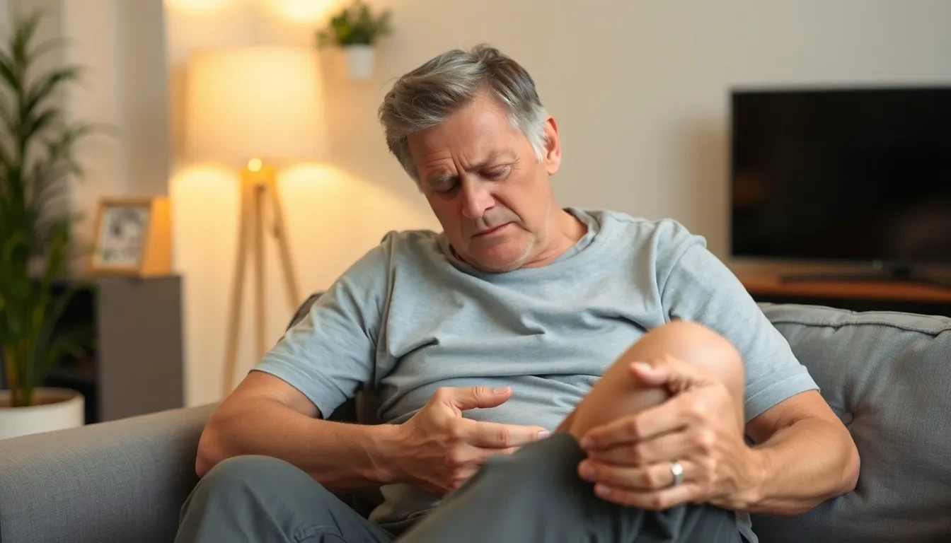 Person mit schmerzenden Krampfadern und frustriertem Ausdruck