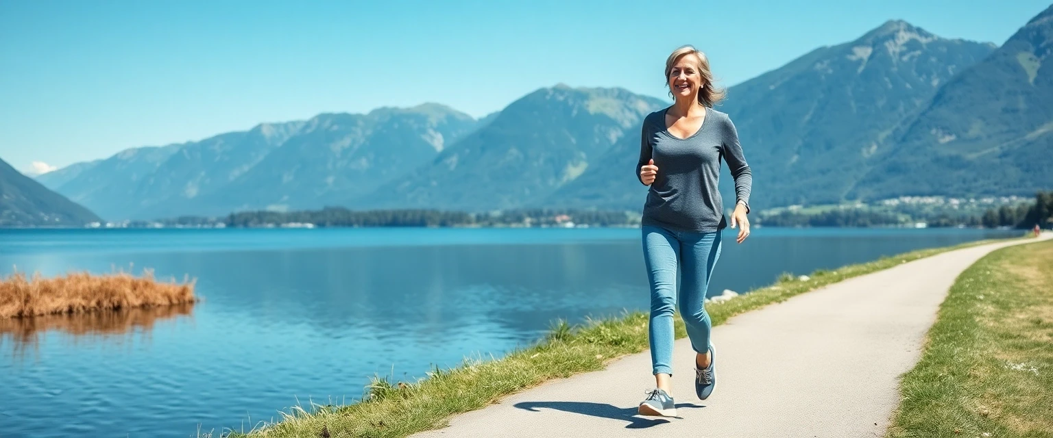Glückliche Frau mit gesunden Beinen am Zürichsee in Lachen