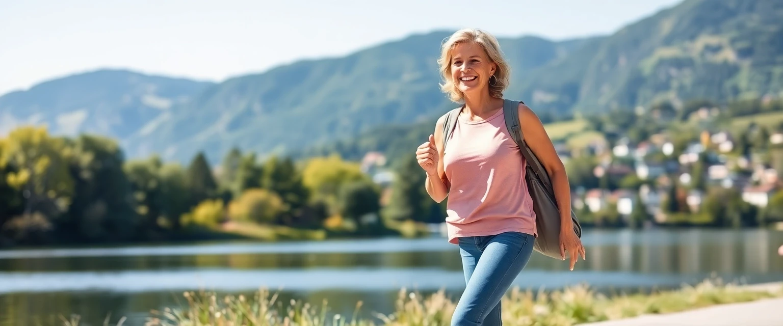 Glückliche Frau mit gesunden Beinen am Zürichsee in Pfäffikon