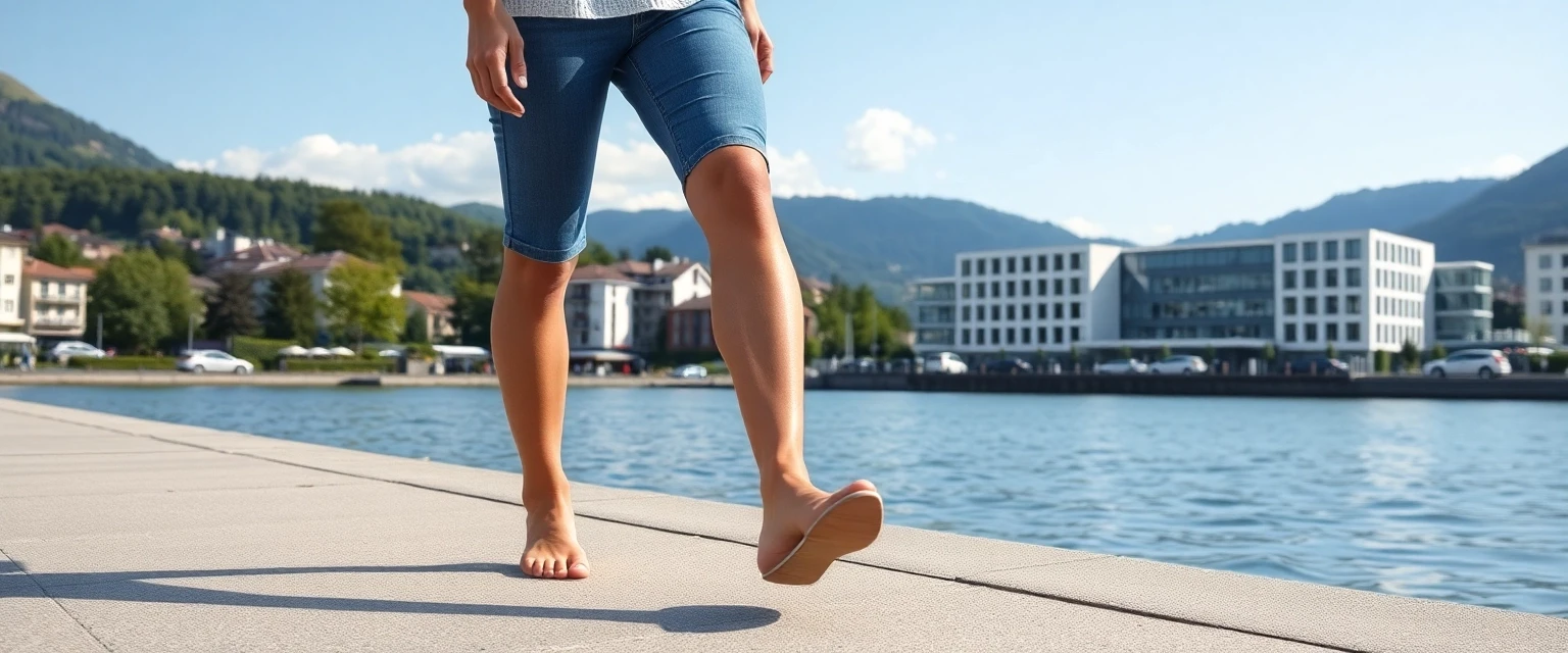 Glückliche Person mit gesunden Beinen am Zürichsee nach Krampfadern-Behandlung in Richterswil