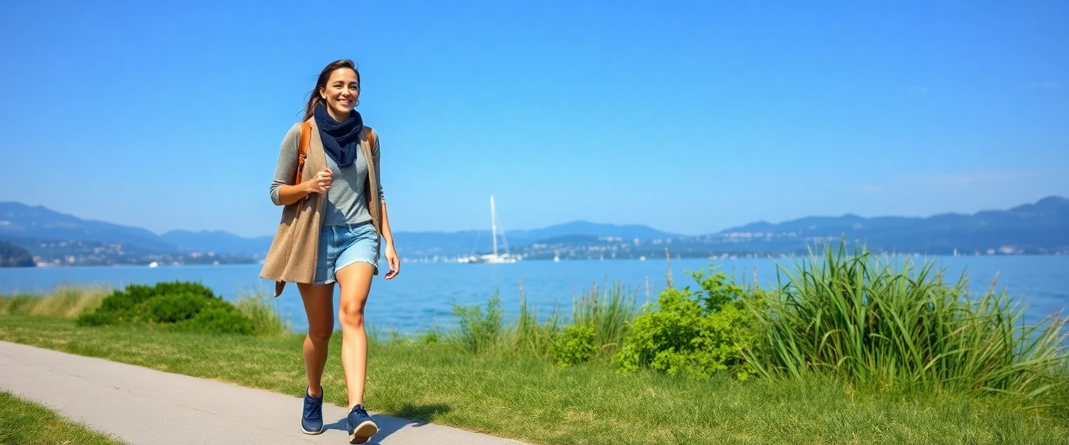 Glückliche Frau mit gesunden Beinen am Zürichsee in Wädenswil