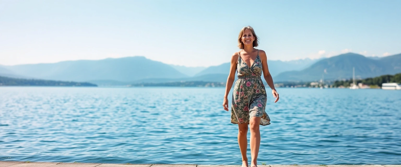 Glückliche Frau mit gesunden Beinen am Zürichsee nach Krampfadernbehandlung in Zollikon