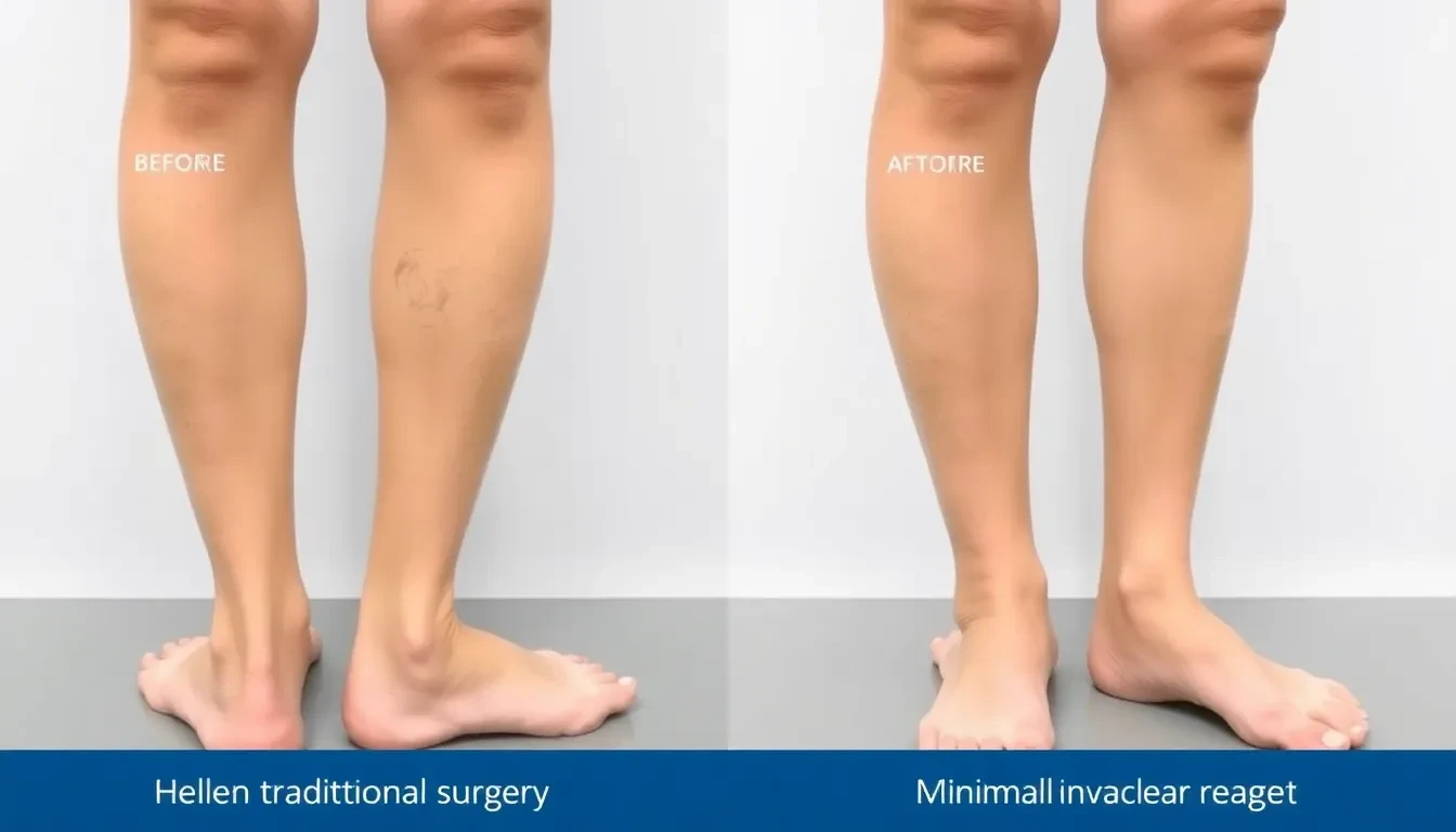 Vergleich von Beinen: Eines mit Narben nach traditioneller OP, das andere glatt nach minimalinvasiver Behandlung.