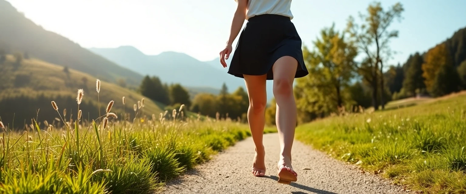Frau mit gesunden Beinen, die durch eine malerische Landschaft in Einsiedeln spaziert, frei von Krampfadern.