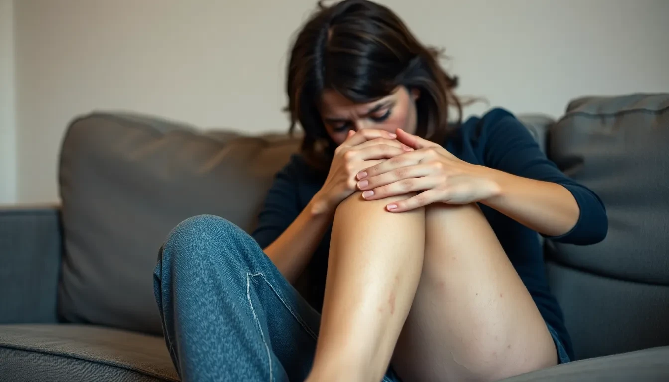 Eine Person reibt sich die schmerzenden Beine, sichtbar müde und unbehaglich.