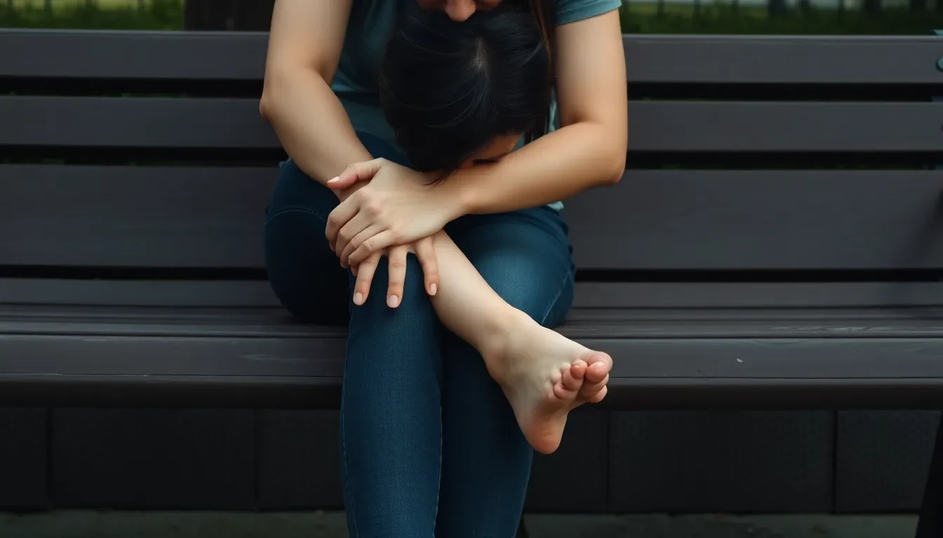 Person mit Krampfadern, die ihre Beine versteckt und sich unwohl fühlt