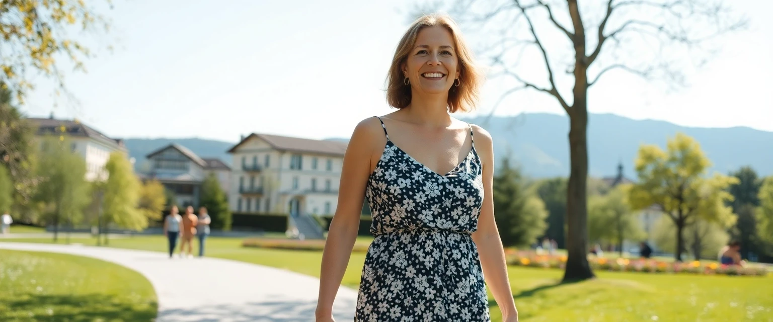 Glückliche Frau mit gesunden Beinen nach Krampfaderbehandlung in Zürich