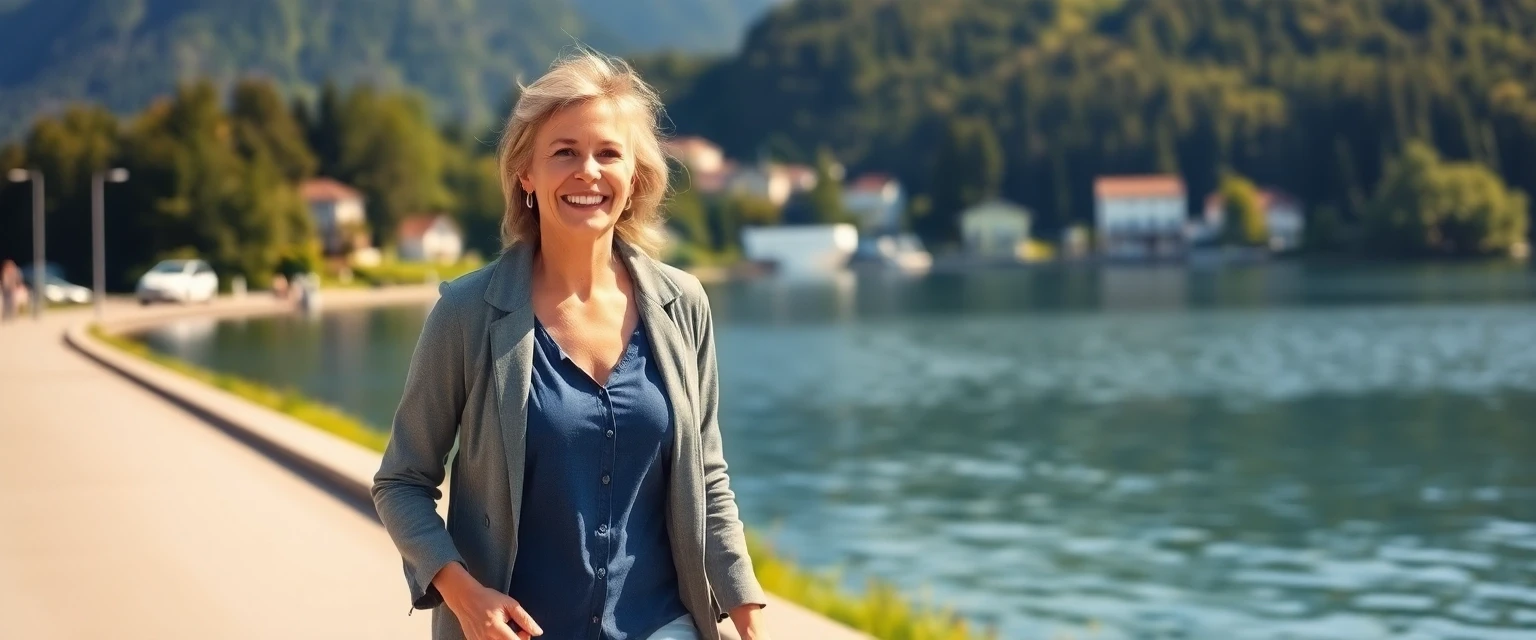 Glückliche Frau mit gesunden Beinen am Zugersee in Baar