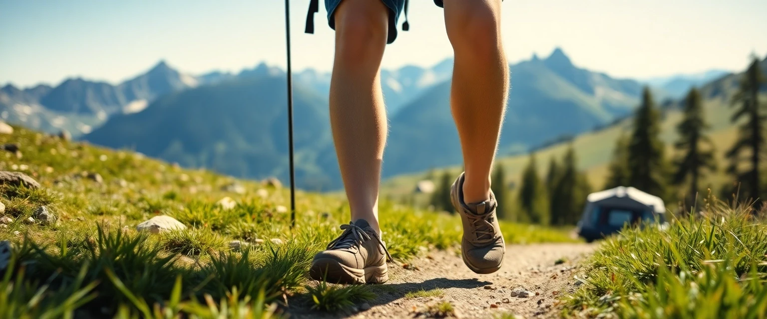 Glückliche Person mit gesunden Beinen beim Wandern in den Schweizer Alpen bei Cham