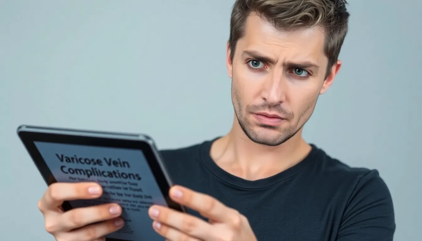 Person besorgt über Krampfader-Komplikationen und Operationen