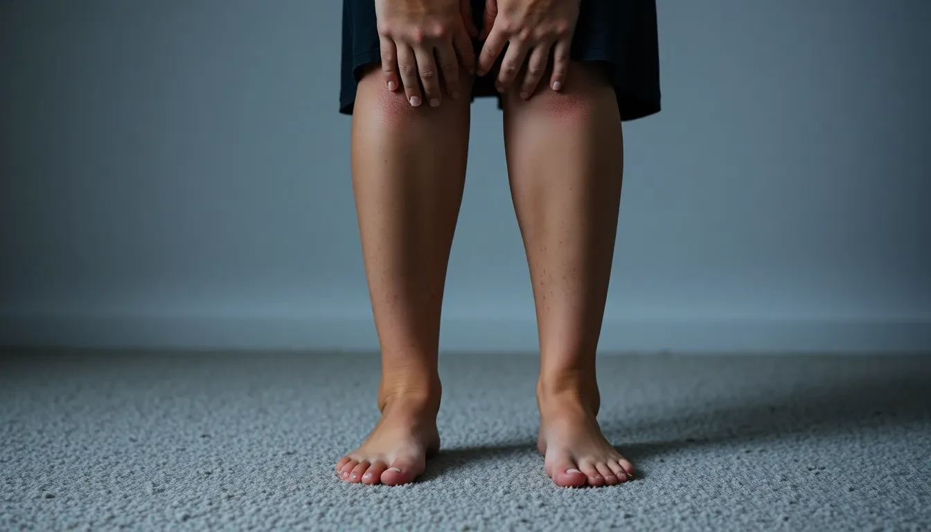 Person versteckt Beine wegen Besenreisern und Krampfadern