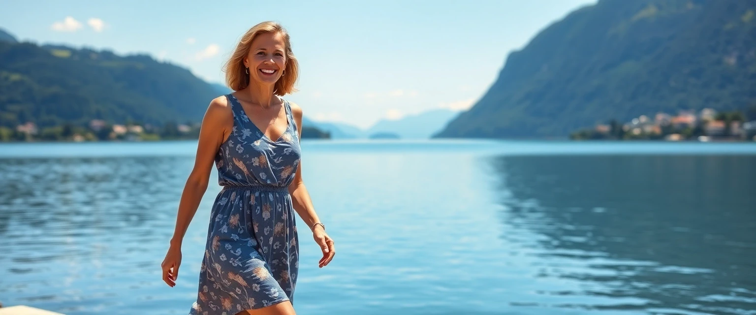 Frau mit gesunden Beinen am Zürichsee in Lachen nach Krampfadernbehandlung