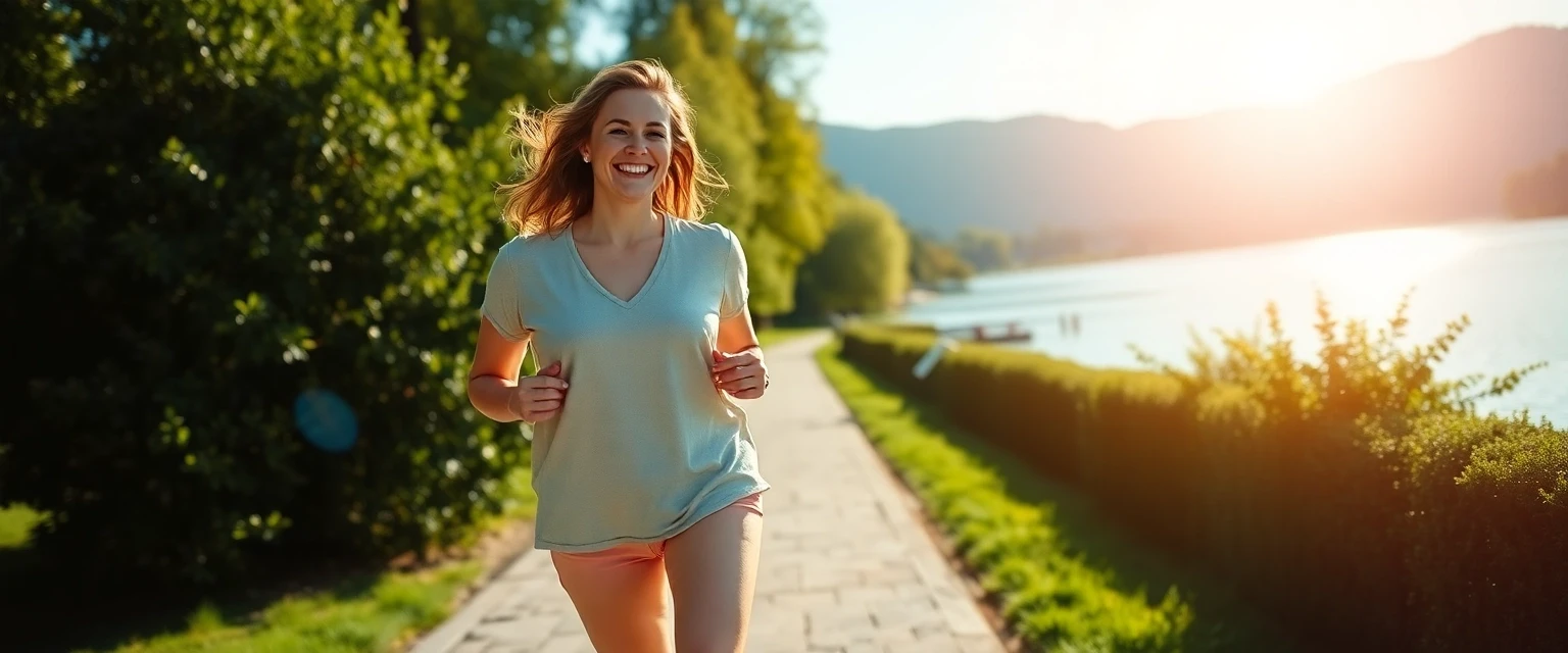 Glückliche Frau mit gesunden Beinen am Zürichsee in Thalwil nach Krampfadernbehandlung