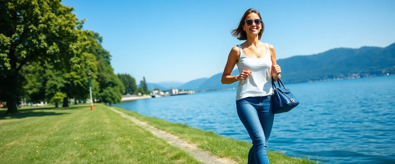 Glückliche Frau mit schönen, gesunden Beinen am Zürichsee nach Krampfadernbehandlung in Wädenswil