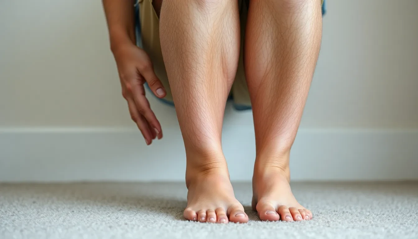 Frau mit sichtbaren Krampfadern und besorgtem Ausdruck