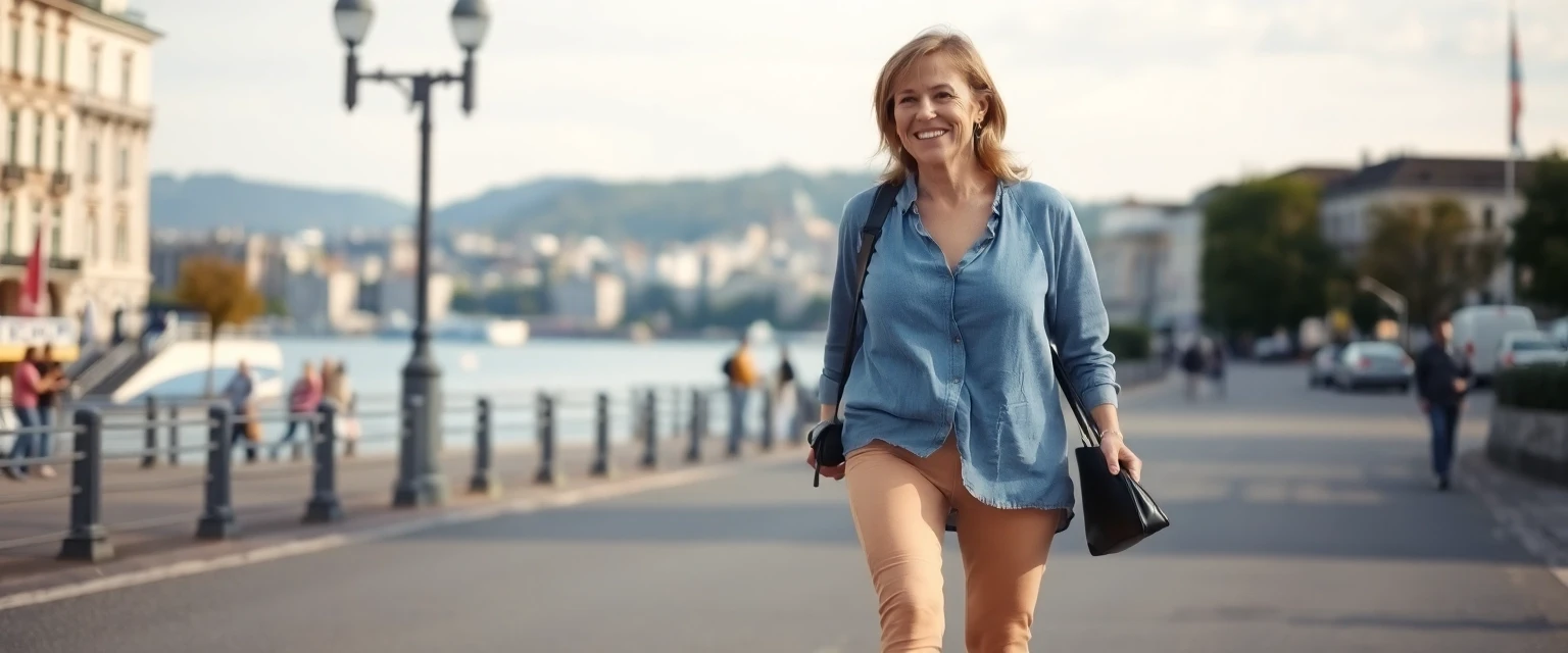 Glückliche Frau mit gesunden Beinen in Zürich nach Krampfaderbehandlung