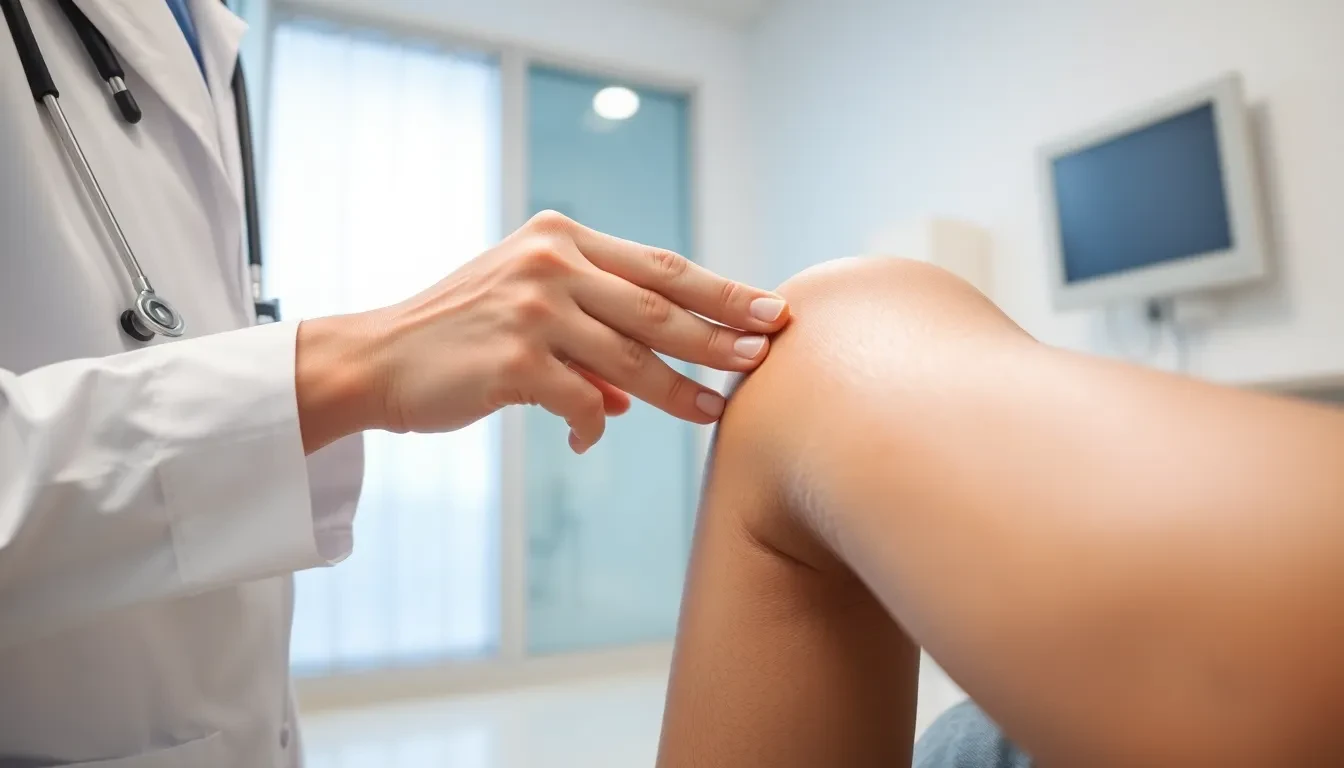 Arzt untersucht Krampfadern am Bein eines Patienten