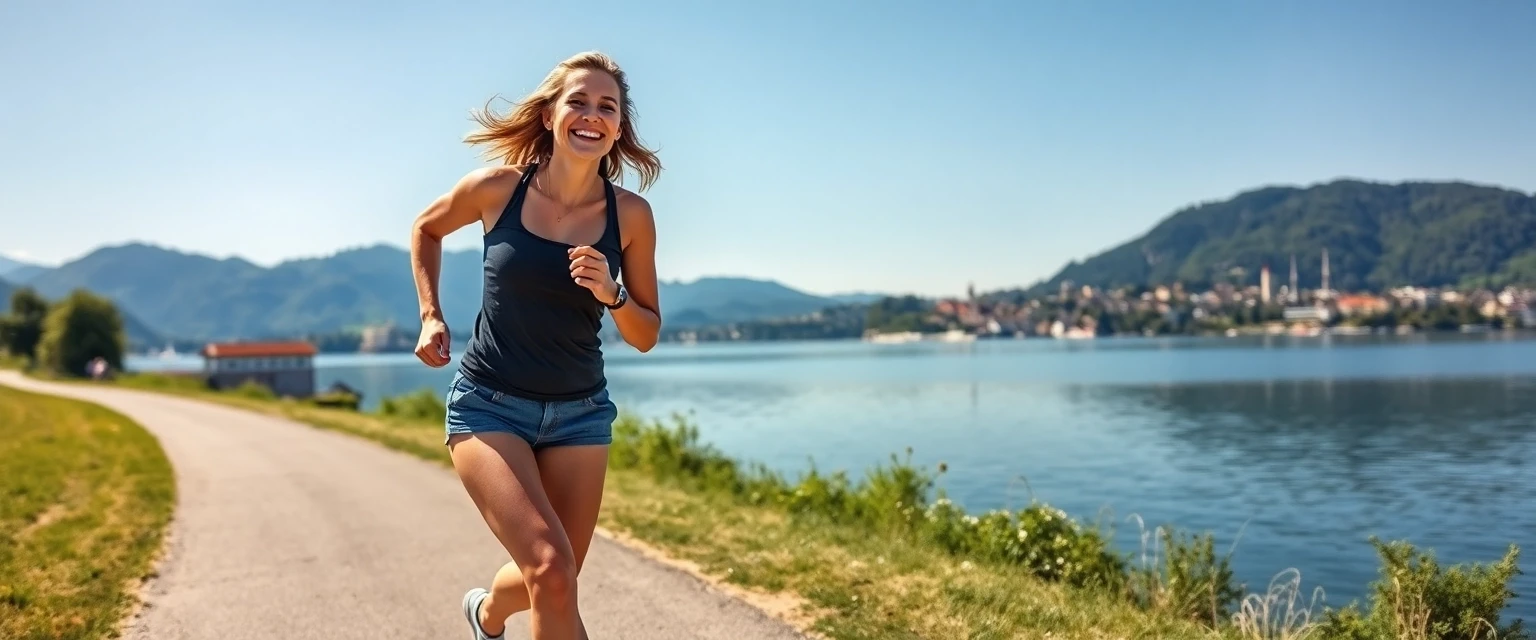 Frau mit leichten Beinen läuft am Zürichsee bei Richterswil