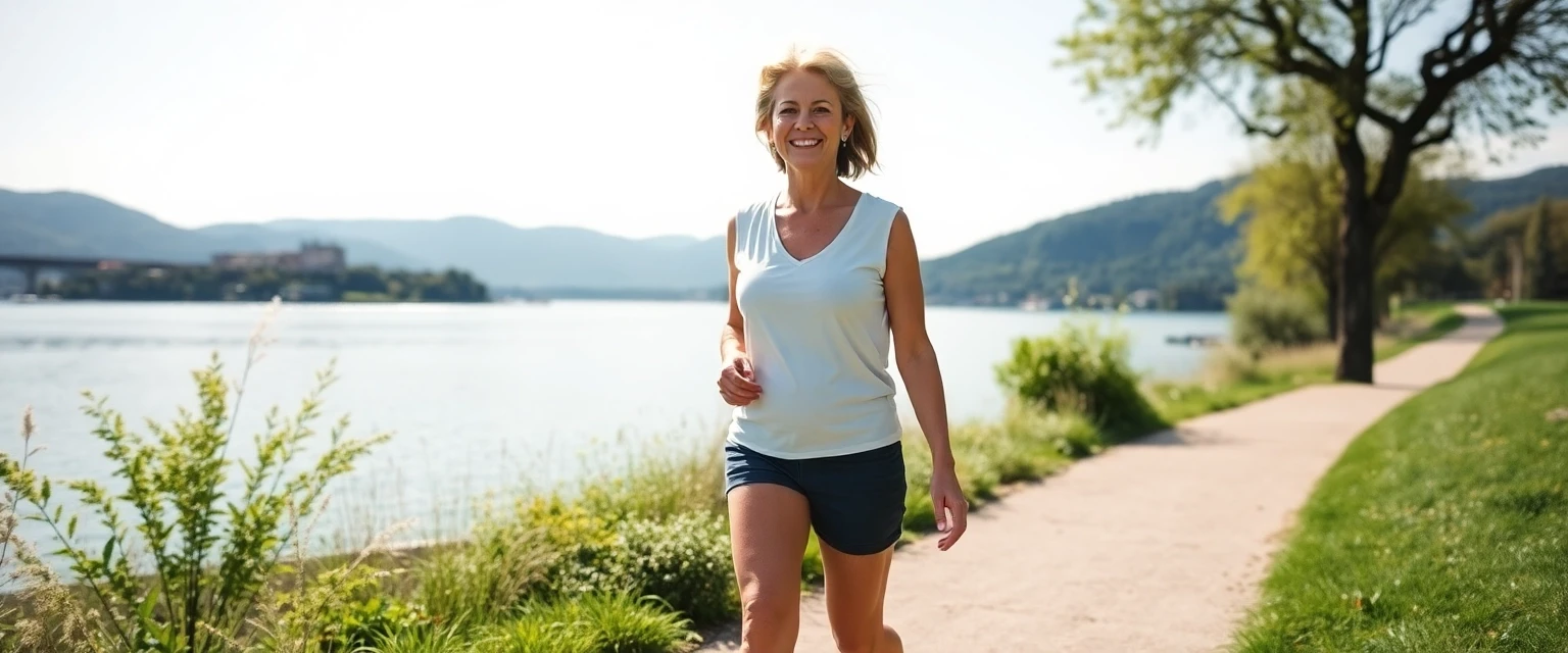 Glückliche Frau mit gesunden Beinen am Zürichsee in Rüschlikon