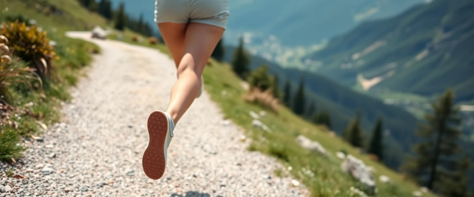 Glückliche Frau mit gesunden Beinen in den Schweizer Bergen nach Krampfadernbehandlung