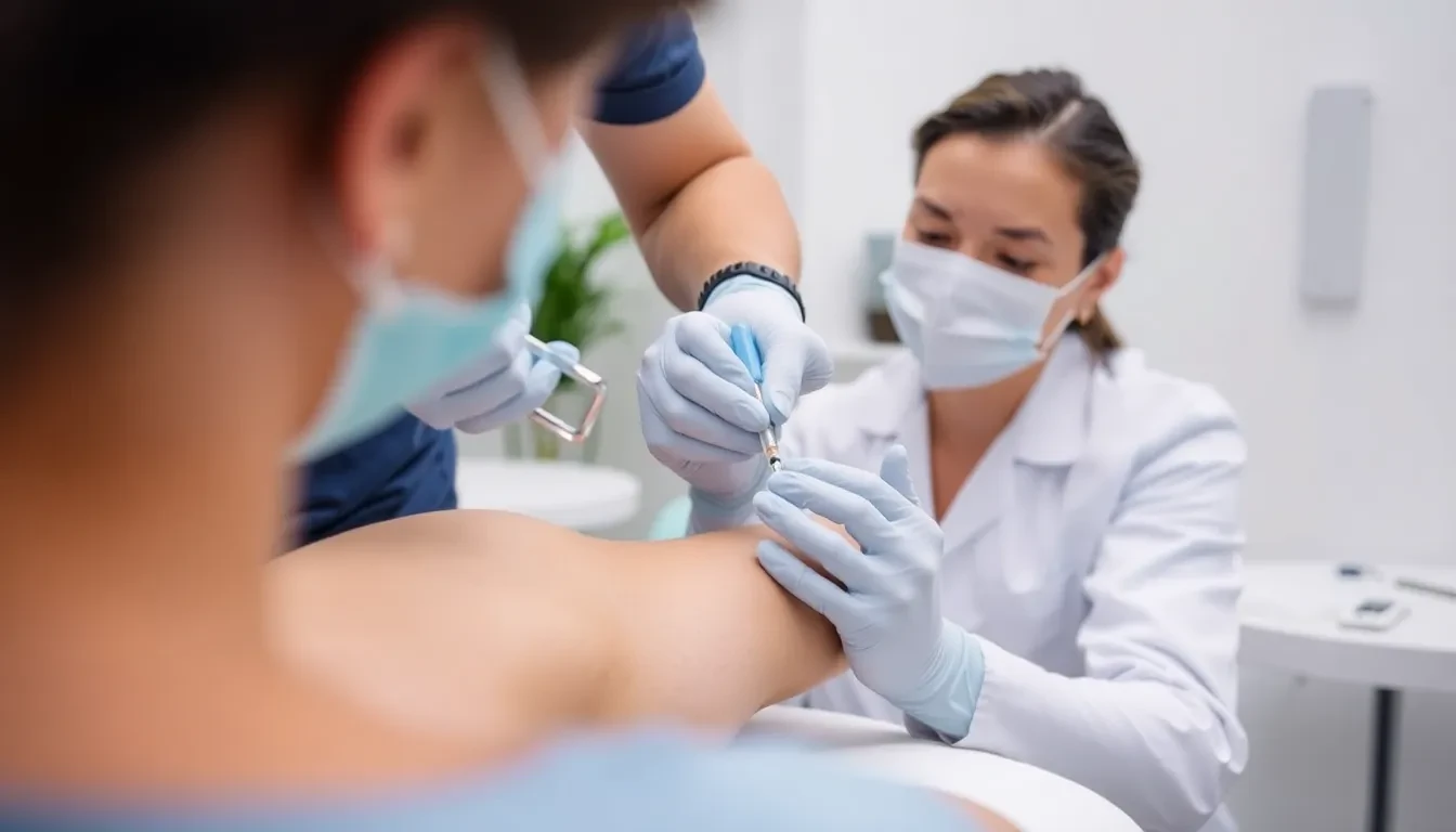 Sklerotherapie Behandlung an einem Bein