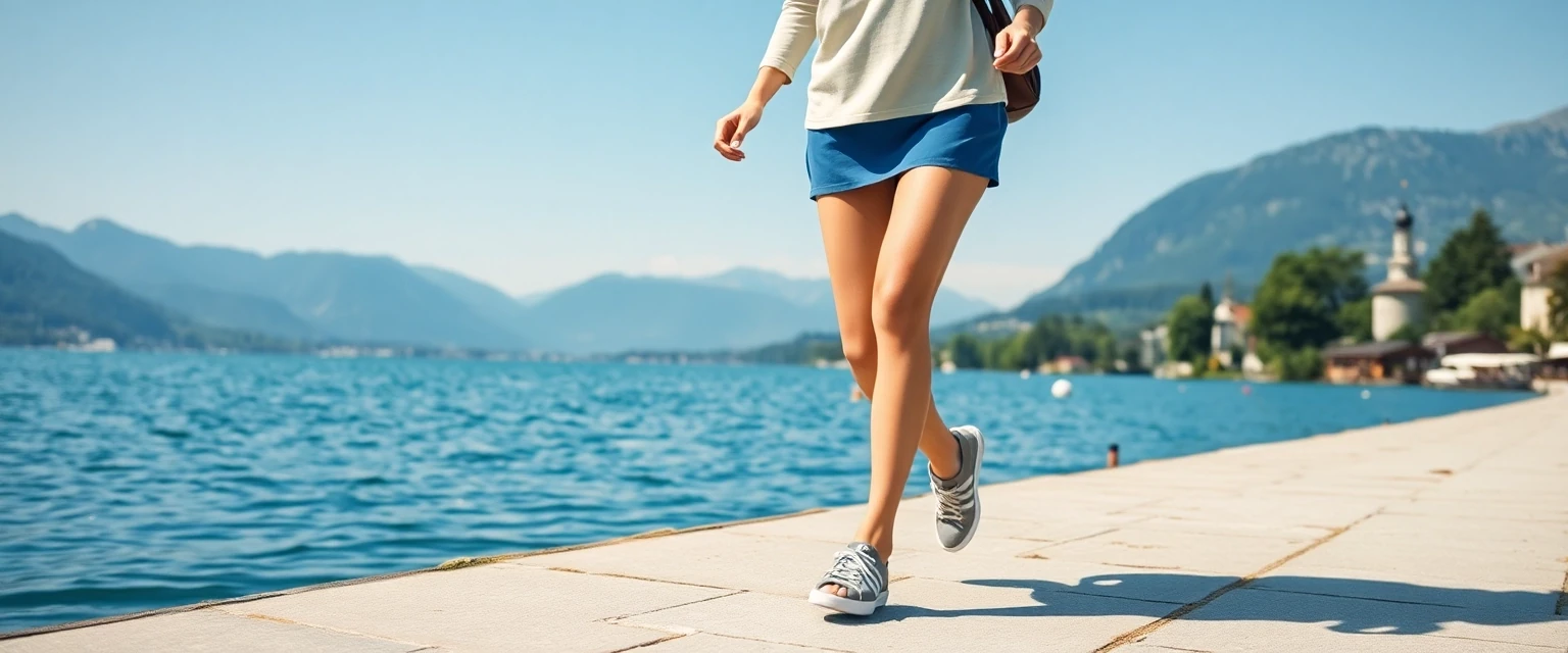 Person mit gesunden, leichten Beinen spaziert am Zürichsee
