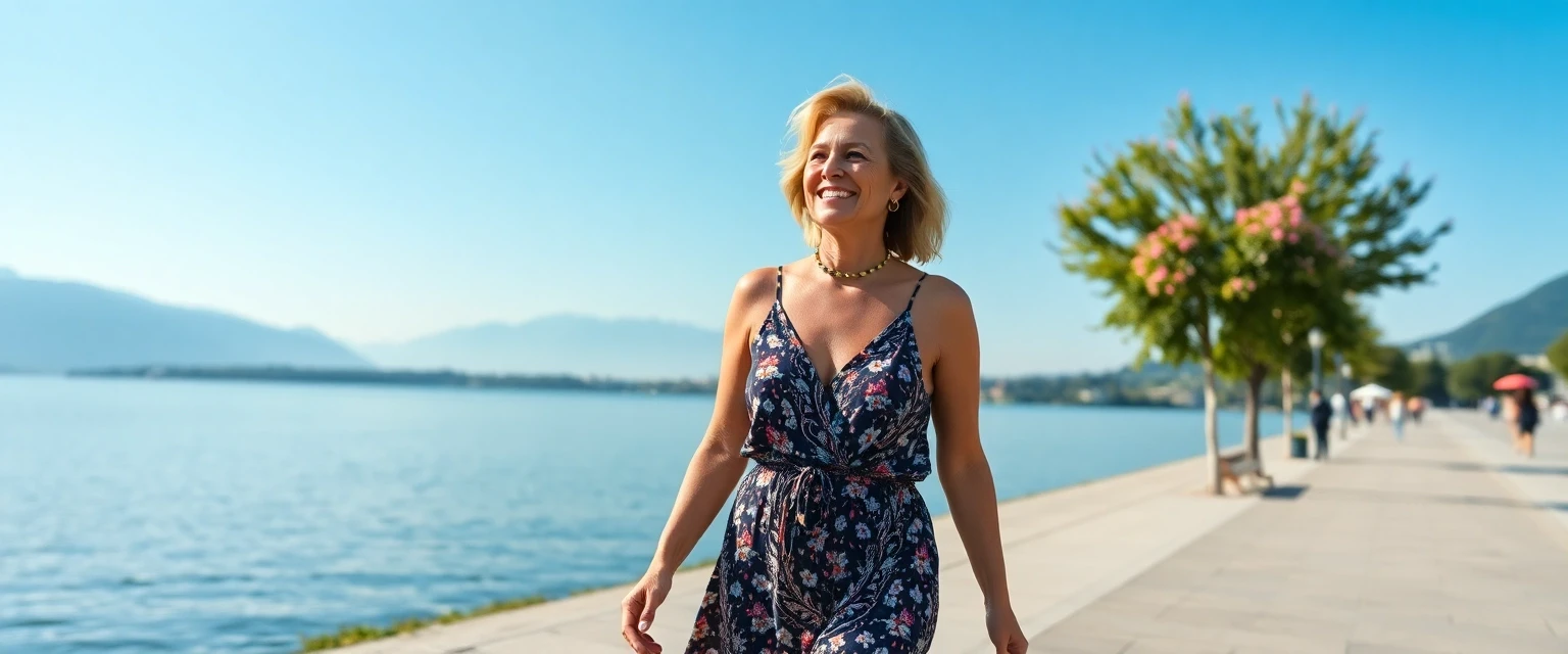 Glückliche Frau mit gesunden Beinen am Zürichsee nach Phlebektomie